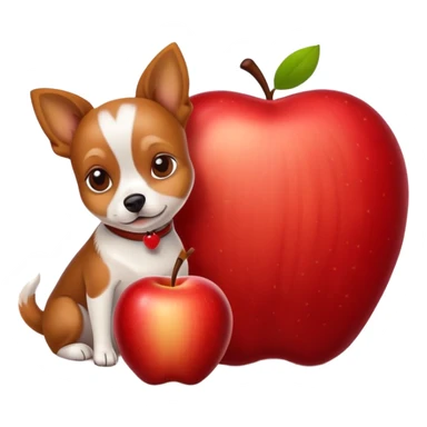 A small dog is lying on a big apple sticker