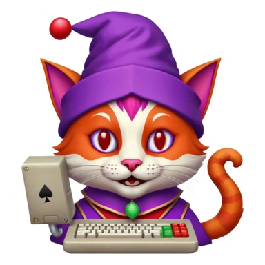 crazy colorful cute little cat jolly joker from poker, medieval, vintage, court jester, mac os icon, purple and red color, half body. The cat is inside a retro computer terminal sticker