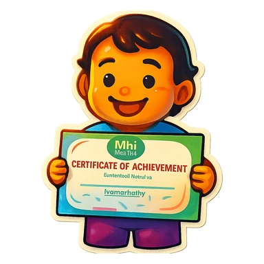 Create a simple and cheerful emoji of a smiling child holding a certificate, with a transparent background, in a retro stickers emoji style. sticker