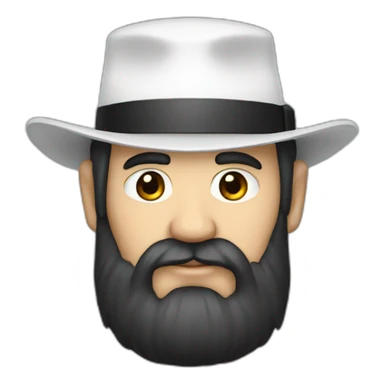 older man with black hair and black beard, with a white hat and one white eye sticker