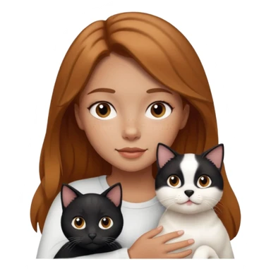 Girl with light brown hair, a few miles on her face, holding a white dog and a black cat  sticker