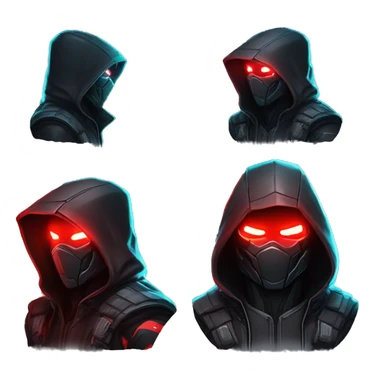 developer behind his laptop with this style : crysis Cyberpunk Riot Games Valorant neon glowing bright red character red dark black hooded assassin themed character sticker