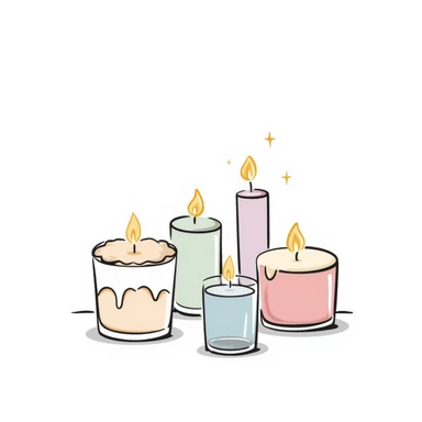 candles in glass holders, some lit with gentle flames, pastel colors dd9fb0 ffc6d3 a3bfc9 c4bee2 f1b091, detailed hand-drawn doodle style sticker