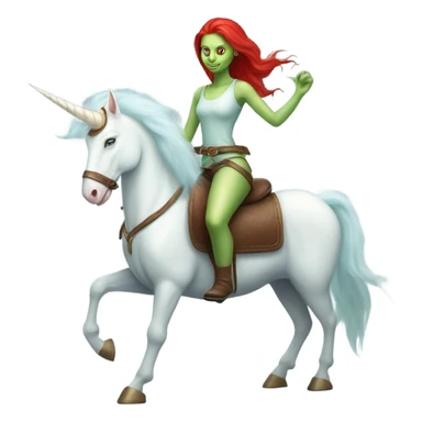 [politically incorrect
	{ woman: alien, color: light green, hair:red, eyes:cat} ]
	on a 
	[{ unicorn: white, legged:four, mane: light blue }] sticker