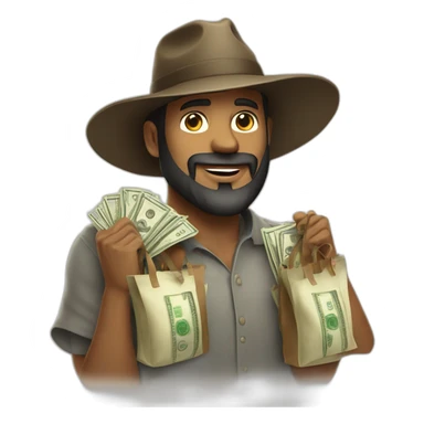 Man in beard and wide brim hat holding bags of money sticker