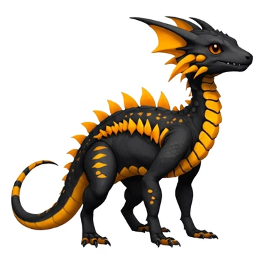 Rare realistic exotic edgy dark gothic gloomy spooky black and orange/yellow epic pretty beautiful handsome gorgeous aesthetic colorful vibrant Vernid-Trico-species-Fakemon-Salandit-hybrid-creature by LiLaiRa, 4 legs, 1 tail, random markings, (full body) sticker
