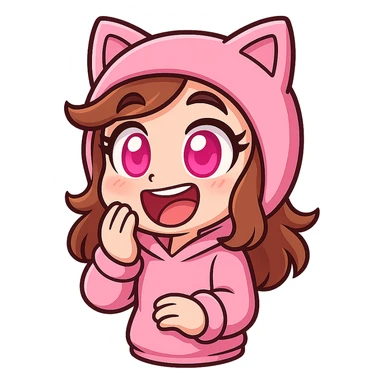 Extract the top left character wearing a pink cat hoodie with pink eyes as a fully visible, separate image with a transparent background, keeping the original chibi stickers cartoon style and appearance. sticker
