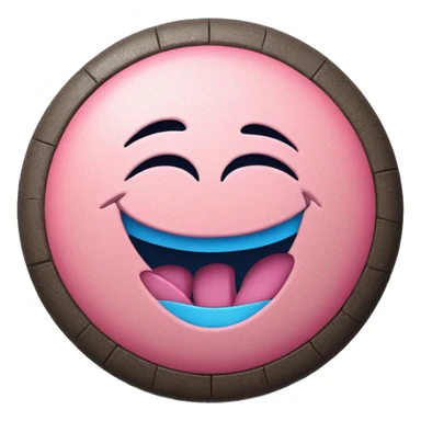 The round tablet consists of two parts, one part is pink and the other is blue. A tablet in the style of a laughing smiley face. The inscription DOZA is stamped on the tablet sticker