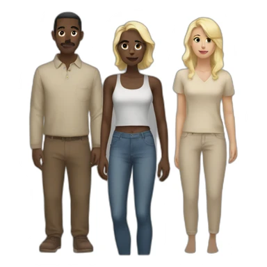 six dark-skinned men stand in a row behind a pale blonde woman sticker