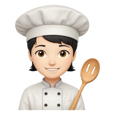 Short black hair, happy, wearing chef uniform and chef hat sticker