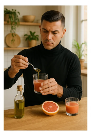 A realistic, warm-toned photo-style image of a man in his kitchen preparing a liver and gallbladder flush. On the counter, there is a small glass bottle of high-quality extra virgin olive oil with a rich green hue, and a freshly cut pink grapefruit with a small glass of its juice next to it. The man, in his mid-30s, looks focused and slightly apprehensive as he mixes the olive oil and grapefruit juice in a clear glass, preparing to drink it as part of a natural gallbladder cleanse. The background is clean, bright, and minimalist with wooden countertops, green plants, and sunlight coming through the window, giving a sense of natural health practices. The mood conveys a realistic moment of alternative health care, illustrating the preparation and intention for a natural flush to address gallstones, while maintaining a calm, educational, and hopeful tone in italiano sticker