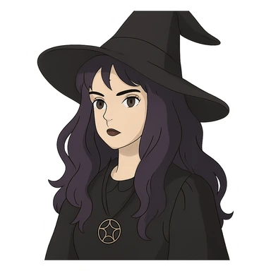 gothic woman with purple hair, witchy touch, in ghibli style sticker