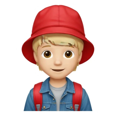 A little boy student, blonde hair, with red bucket hat, jean jacket, backpack sticker