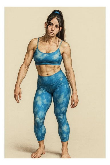 Realistic style illustration of a woman in sportswear with an asymmetric posture showing evident postural problems. The anatomy is clearly visible with muscles and joints emphasized. The background is neutral and the format is vertical, inspired by the reference photo. sticker