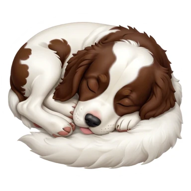 Meme-Worthy Cute Sleeping Springer Spaniel Portrait Emoji, Head resting peacefully with a contented smile, showcasing a delightfully agile build and a luxuriously soft liver and white Fur, eyes shut in a serene nap, Simplified yet hilariously adorable features, highly detailed, glowing with a soft, drowsy light, high shine, relaxed and utterly lovable, stylized with an air of playful laziness, bright and heartwarming, soft glowing outline, capturing the essence of a comically sleepy companion, so meme-worthy it feels like it could instantly become the next viral sensation of adorable slumber! sticker