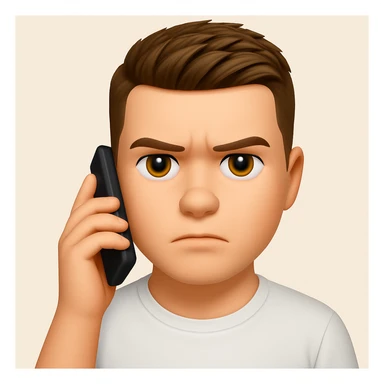 Based on these photos, make an emoji with facial features intact, man in white t-shirt, talking on phone, serious face sticker