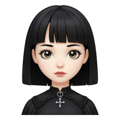 generate an image of a girl with black hair, caucasian and wearing gothic black clothes. Her bangs is short sticker