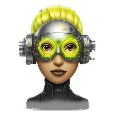 Neon yellow bobbed hair Latina female cyborg head with silver steampunk goggles and circuits sticker
