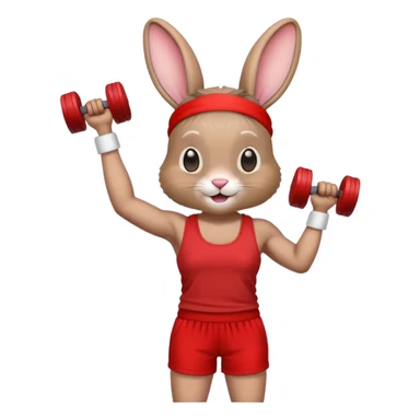 I want an emoji of a rabbit lifting dumbbells, with the dumbbells being red. I want the rabbit to have a red headband, red shorts, and a red tank top. sticker