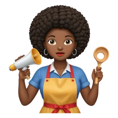 Mujer curvy afro, con vestimenta cómoda y delantal, y un megáfono en la mano sticker