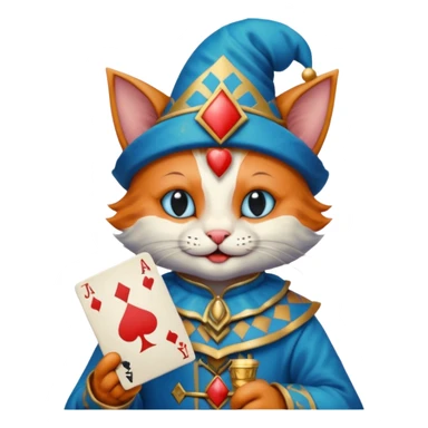 crazy colorful cute little cat jolly joker from poker, medieval, vintage, court jester, mac os icon, blue color, holds poker cards sticker