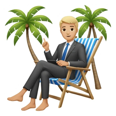 blonde man in business suit sitting in a beach chair on a tropical beach, vacation sticker