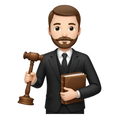 Create a male lawyer. he is wearing a fromal suit jckeret. He is holding a gavel in one hand and a book tucked under his another arm. He has a mustache and BEARD both! sticker