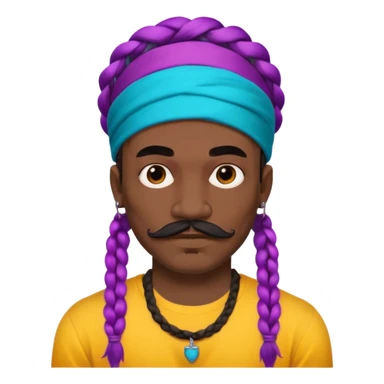 big lose braids starting from the top of the head man with mustache face wiith big visible braids and mono color headband on head  face and braids as big as headband and lots and lots of face tattoos colored tattoos like a tattoo artist hair unique color sticker