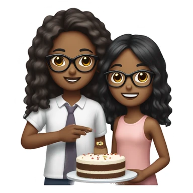 Brown skin girl with long black hair giving a cake to a white skin girl wearing a specs with boy hair sticker