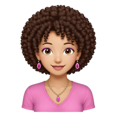 Naturally tan skin girl short darkBrown curly afropink shirt long lashes earrings necklace Brown eyes gyaru smiling closed mouth cute sticker