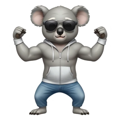 anthropomorphised koala, full body, wearing a hoodie and jeans, dark sunglasses, flexing muscles sticker