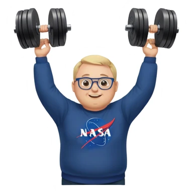 happy chubby man, lifts weights over the head,  blond short and hight receding hairline, wearing a dark blue sweatshirt, nasa logo on the sweatshirt, round glasses without frame, 40 years old sticker