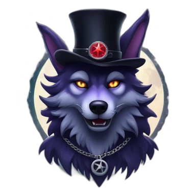 demonic wolf with a pentagram top hat and a pentagram chain with a haunting night background sticker