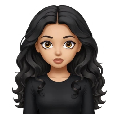 a pretty bratz dusky girl with long wavy black hair, kajal under eyes, black full sleeve  top sticker