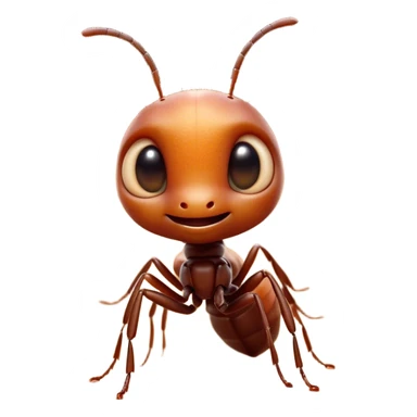Cinematic Cute Ant Portrait Emoji, Head tilted playfully and inquisitively, featuring a minuscule, charming body with a delicately textured exoskeleton and round, sparkling eyes brimming with curious mischief, Simplified yet irresistibly adorable features, highly detailed, glowing with a warm, inviting earthy glow, high shine, affectionate and lively, stylized with a touch of whimsical industrious charm, soft glowing outline, capturing the essence of a mischievous ant that seems as if it could scurry out of the screen into your arms! sticker