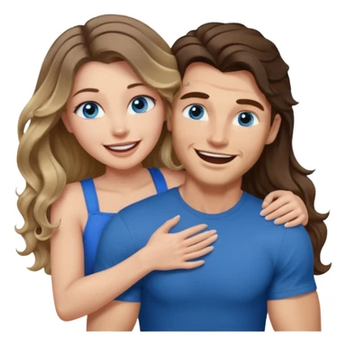 Women with blue eyes and very long, brown blond balayage curled hair in the arms of a man with strong arms a straight face, a very sexy man blue eyes. They are laughing at each other. He has dark brown hair: A fade haircut down to skin and is light skinned  sticker