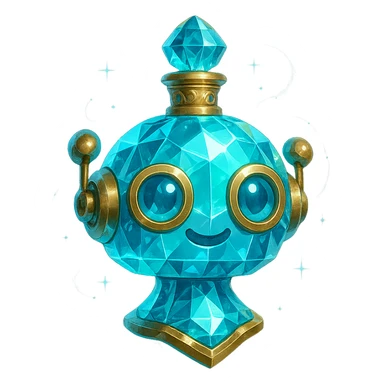 luxurious crystal elixir bottle shaped like a cute robot head, cyan color, lots of glowing, facets, ornaments, golden details, magical effects, very small golden neck, transparent background, beautiful merging base, clearly floating in air, no ground or shadow, premium class, friendly, playful, fits in a collection sticker