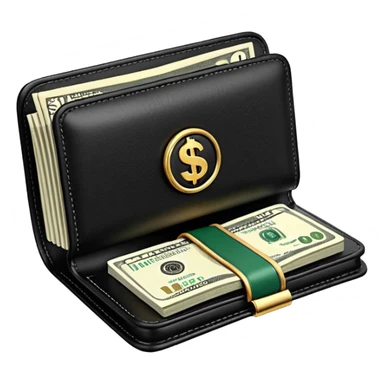 Rich emoji style black leather wallet with dollar bills, luxury money vibe, premium 3D emoji, ultra clean, high detail, no background sticker