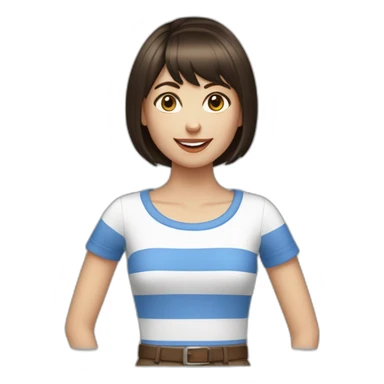 caucasian woman with dark brown hair a bob haircut, bangs, braces on teeth, blue and white striped t shirt sticker