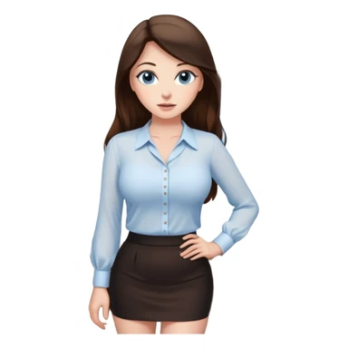 sexy woman brunette, very large breasts, pale skin, blue eyes, long brown hair, white blouse, short black skirt. office.  sticker