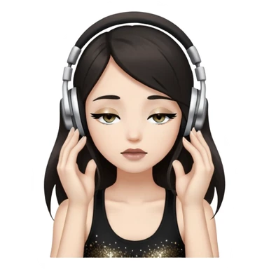 Girl with long dark hair, fair skin tone, wearing a black tank top, has glitter on her eyelids, and taupe lipstick, wearing white headphones, her hands are on her ears, and her eyes are slightly close sticker