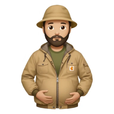 Bearded man rubbing pregnant belly poking out of shirt wearing a tan canvas carhartt jacket with  chinese hat on sticker