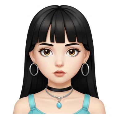 white skinned young girl. long hairstyle with black bangs. thin light coloured eyebrows. full glossy lips. dark brown eyes. wear a crop top tied at the neck and silver hoop earrings  sticker