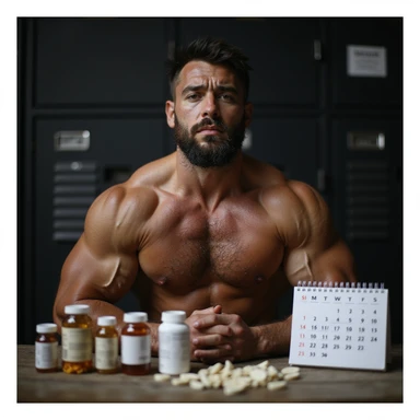 realistic muscular bodybuilder man with serious expression, supplements and medical vials on table, calendar with all months behind, defined physique with visible veins, dark locker room background with dramatic lighting, signs of tiredness on face sticker