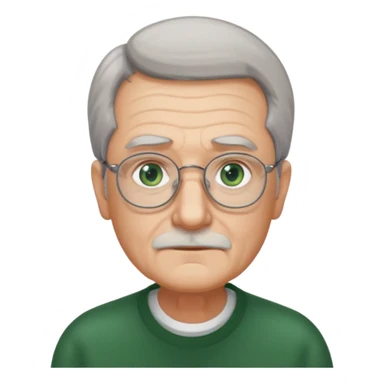 Old man with receding hair, grey hair only on the sides, green eyes, rectangular reading glasses, rounded face sticker