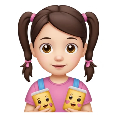 Cute small Toddler emoji with two pigtails dark brown hair, fair skin, in pink top, holding toddler snacks sticker