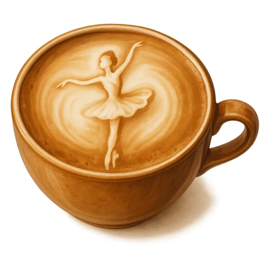 a cappuccino cup with elegant and charming latte art shaped like a ballerina, warm tones, no background sticker