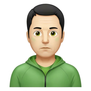Kim is a middle-aged man, around 40 years old, green tracksuit.  His black hair, is unkempt and damp with sweat. sticker
