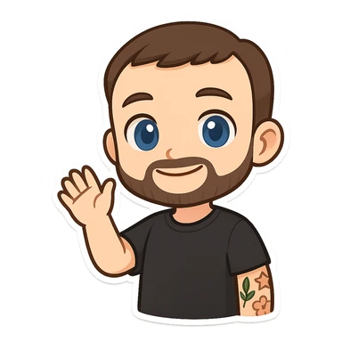 cute chibi cartoon-style male character, front-facing, short brown hair, neatly trimmed short beard, large blue eyes, smiling, waving with right hand, visible tattoos leaf star flower on left arm, wearing simple black t-shirt, smooth shading, clean lines sticker