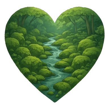 heart with a lush mossy creek, clean digital illustration, no background sticker